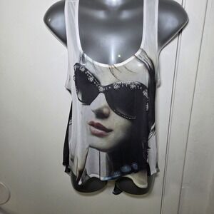 Crimson Ivy Sheer Mesh Graphic Tank Top Face Sunglasses Print Size Medium Y2K